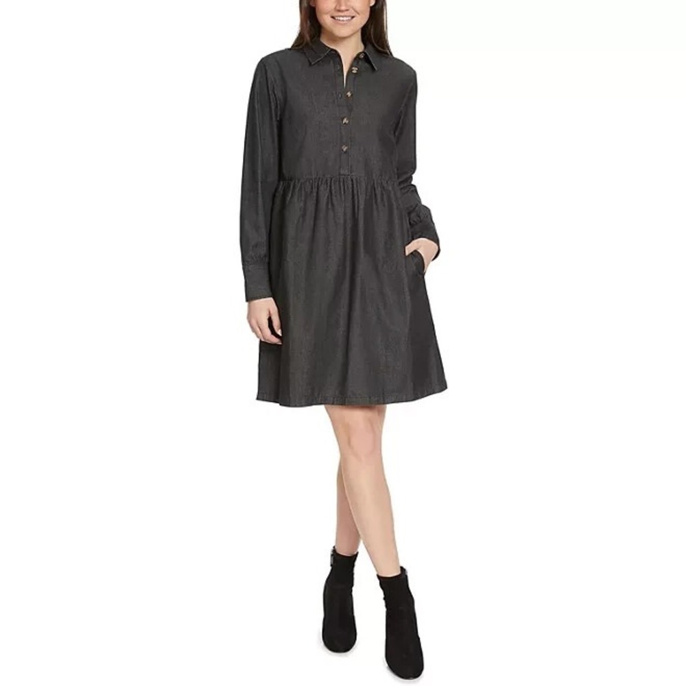 Nine West Women Black Griffen Denim Long Sleeve Button Front Dress XS